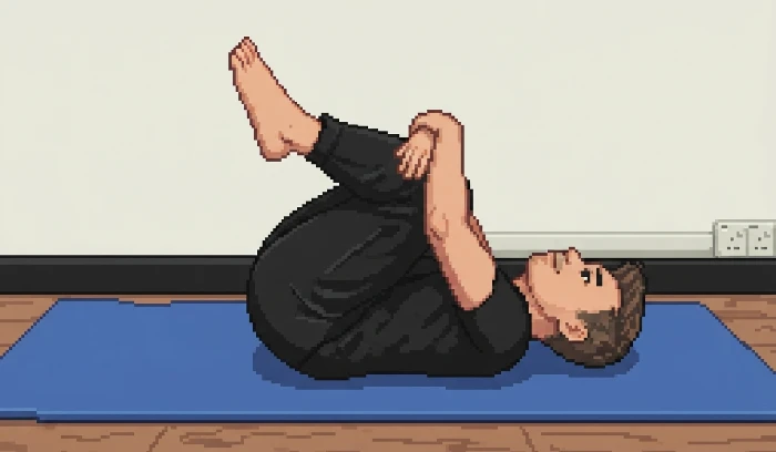 Regangan Knee Hugs — tarik lutut ke arah dada dan peluk dengan kedua-dua tangan.