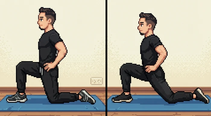 Regangan Kneeling Hip Flexor — melutut sebelah kaki, tolak pinggul ke hadapan sehingga terasa regangan di paha depan.