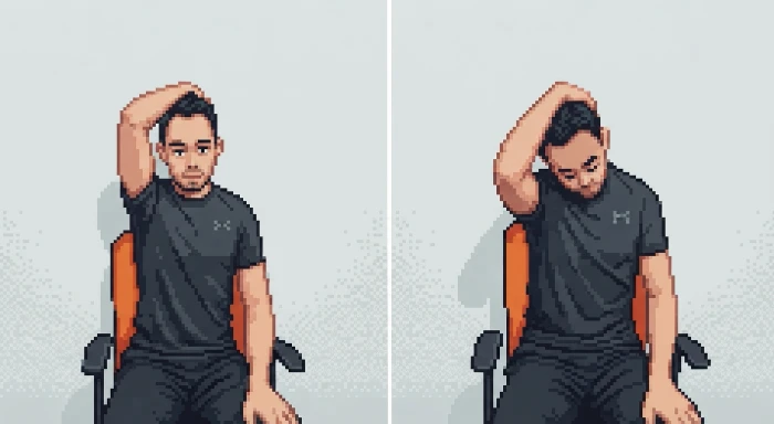 Regangan Levator Scapulae — pusing kepala 45 darjah, tunduk ke arah ketiak, dan tarik perlahan dengan tangan.