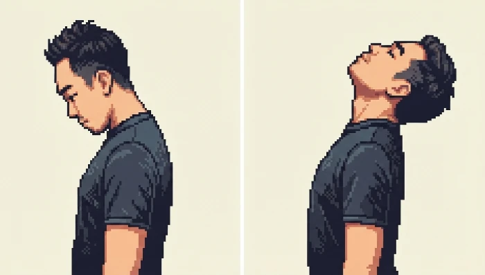 Regangan Neck Flexion & Extension — tundukkan kepala ke dada, kemudian dongakkan perlahan ke belakang.
