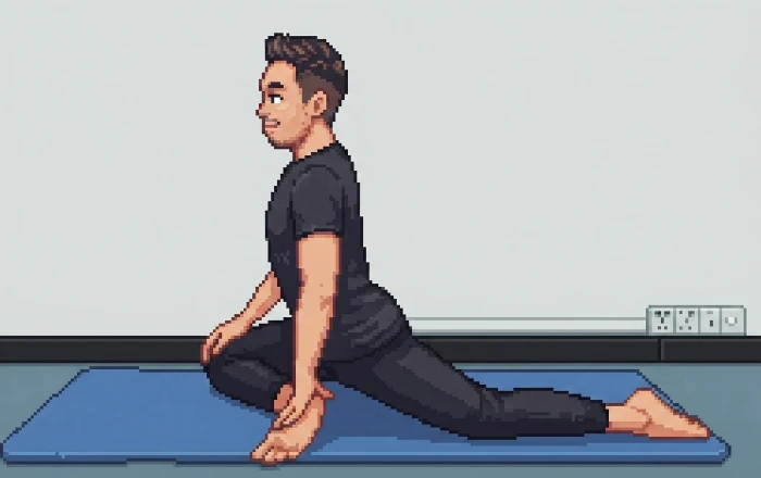 Regangan Pigeon Pose — lipat sebelah kaki ke hadapan dan luruskan kaki belakang, condong perlahan ke hadapan.