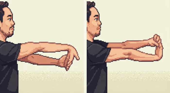 Regangan Wrist Flexion & Extension — luruskan lengan, tekan tapak tangan ke bawah kemudian tarik jari ke belakang.
