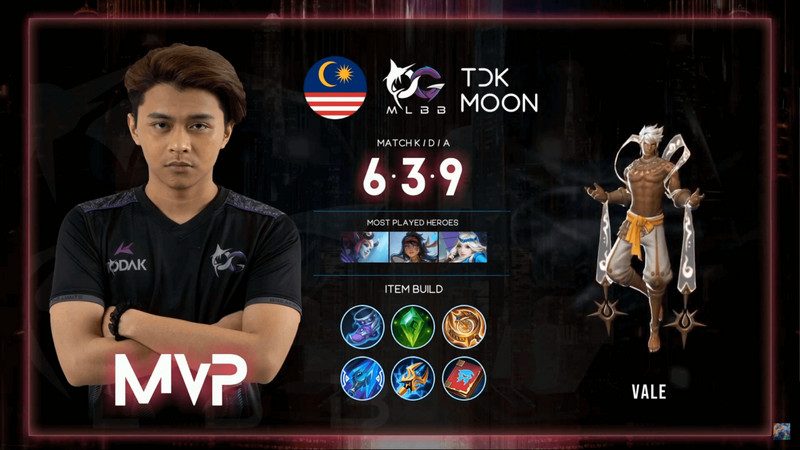 Kad MVP Mobile Legends bagi Moon dari Todak menggunakan hero Vale dengan KDA 6/3/9